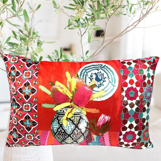 Anna Chandler Rectangle Velvet Cushion - Red Wildflower