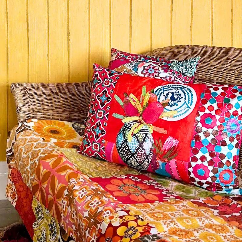 Anna Chandler Rectangle Velvet Cushion - Red Wildflower