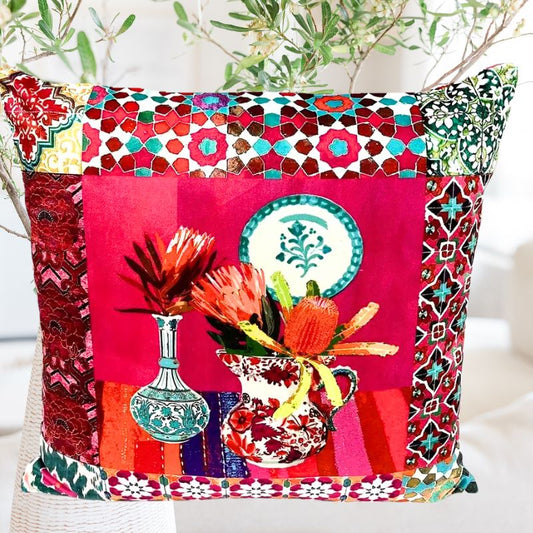 Anna Chandler Square Velvet Cushion - Red Wildflower