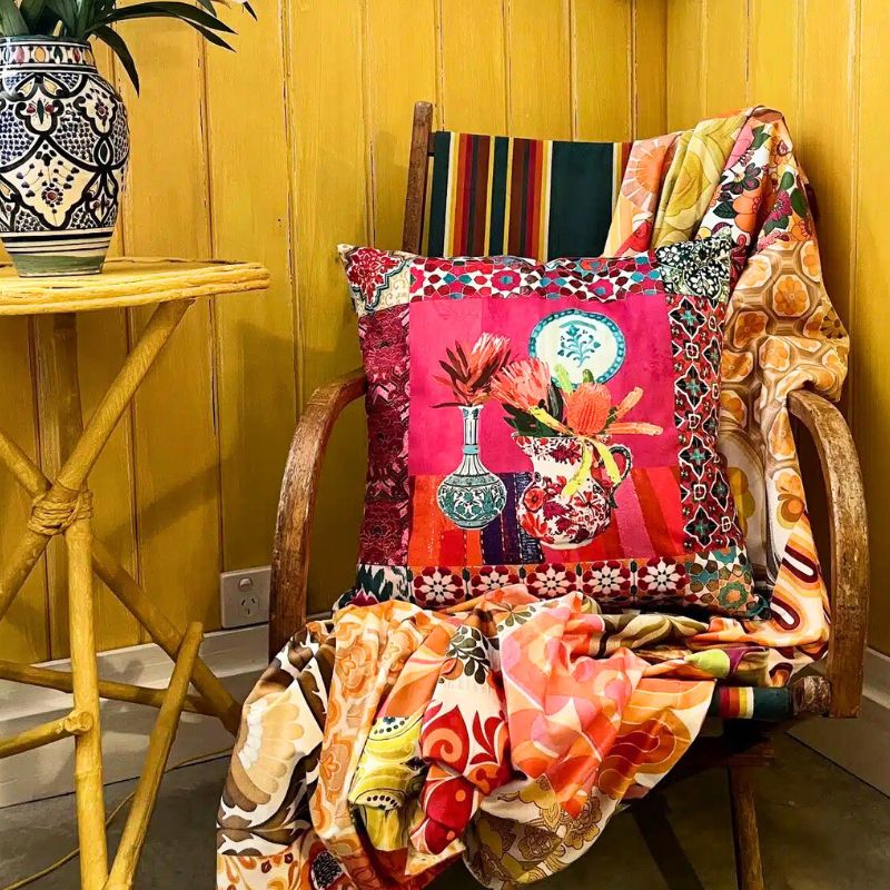 Anna Chandler Square Velvet Cushion - Red Wildflower