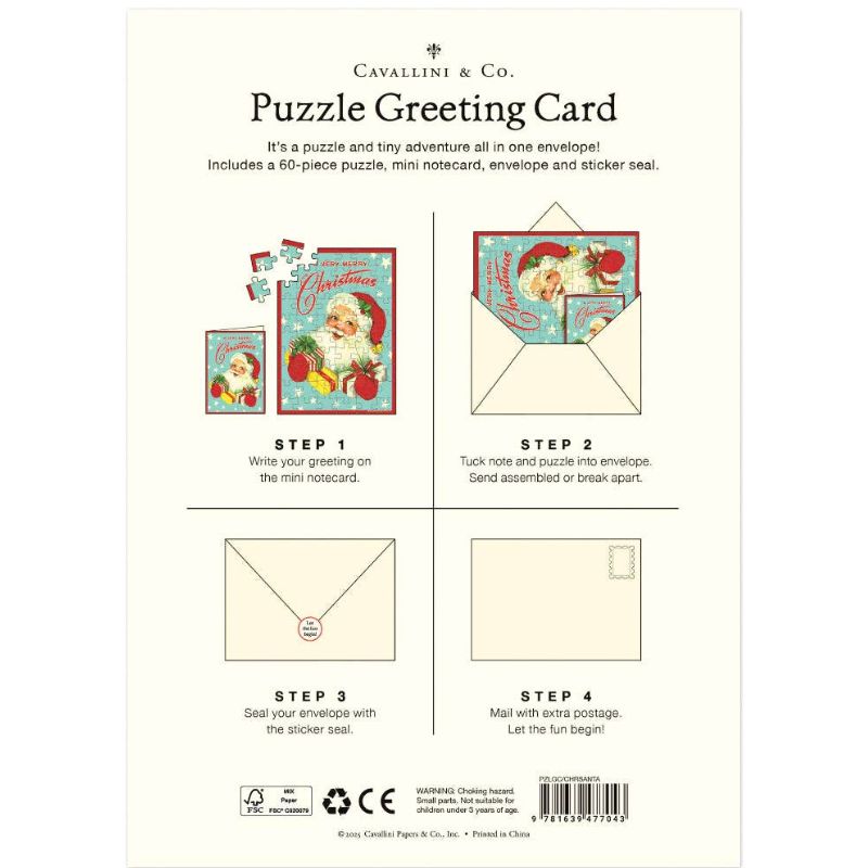 Jolly Santa Cavallini Puzzle Greeting Card 60 Pc