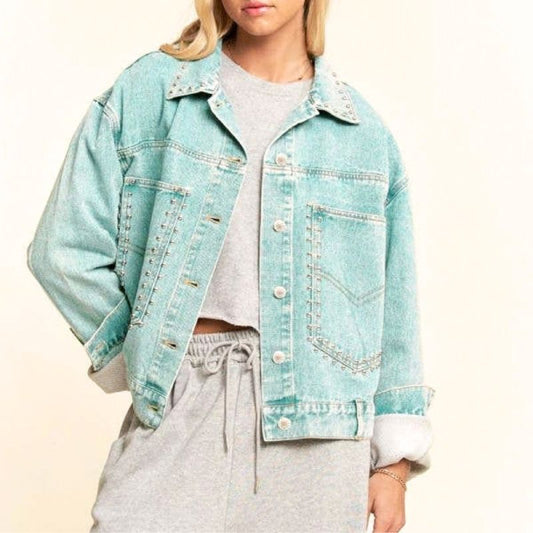 Studded Stone Washed Denim Jacket in Sea Bass