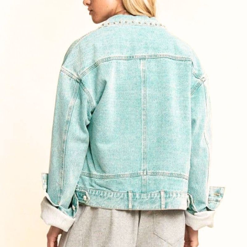 Studded Stone Washed Denim Jacket in Sea Bass