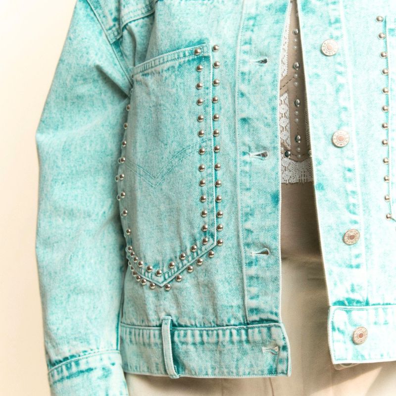 Studded Stone Washed Denim Jacket in Sea Bass