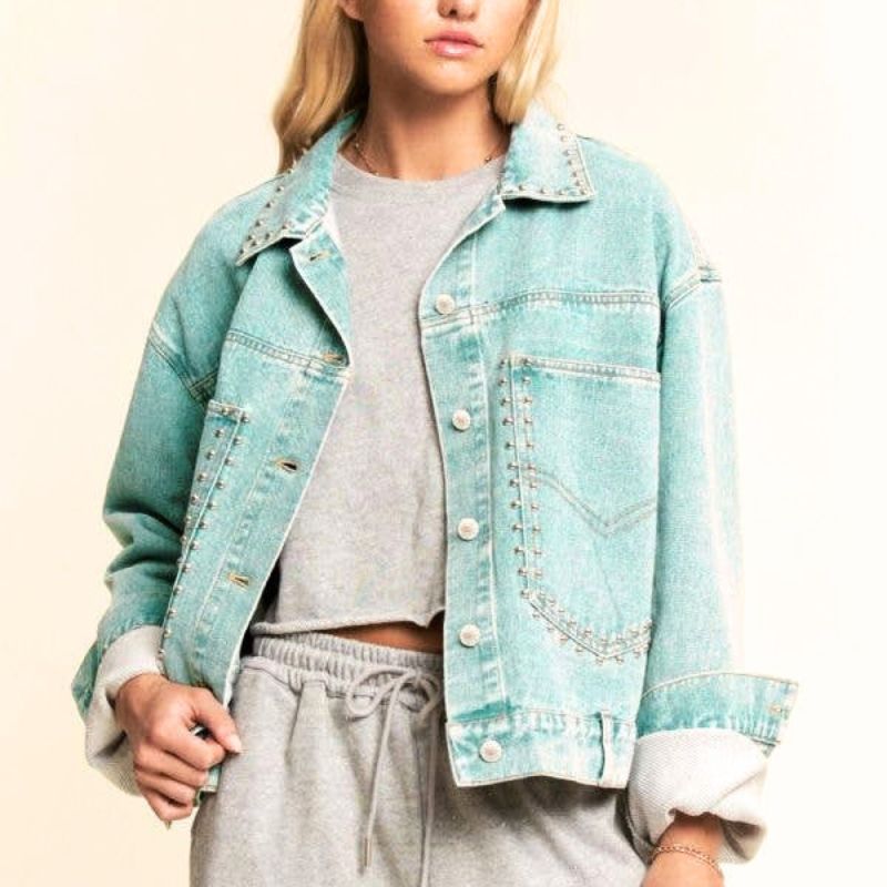 Studded Stone Washed Denim Jacket in Sea Bass