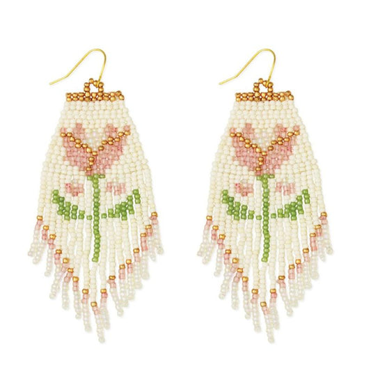 Pink Tulip Beaded Fringe Earrings