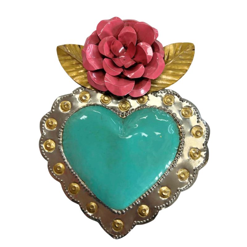 Turquoise Heart with Pink Bloom