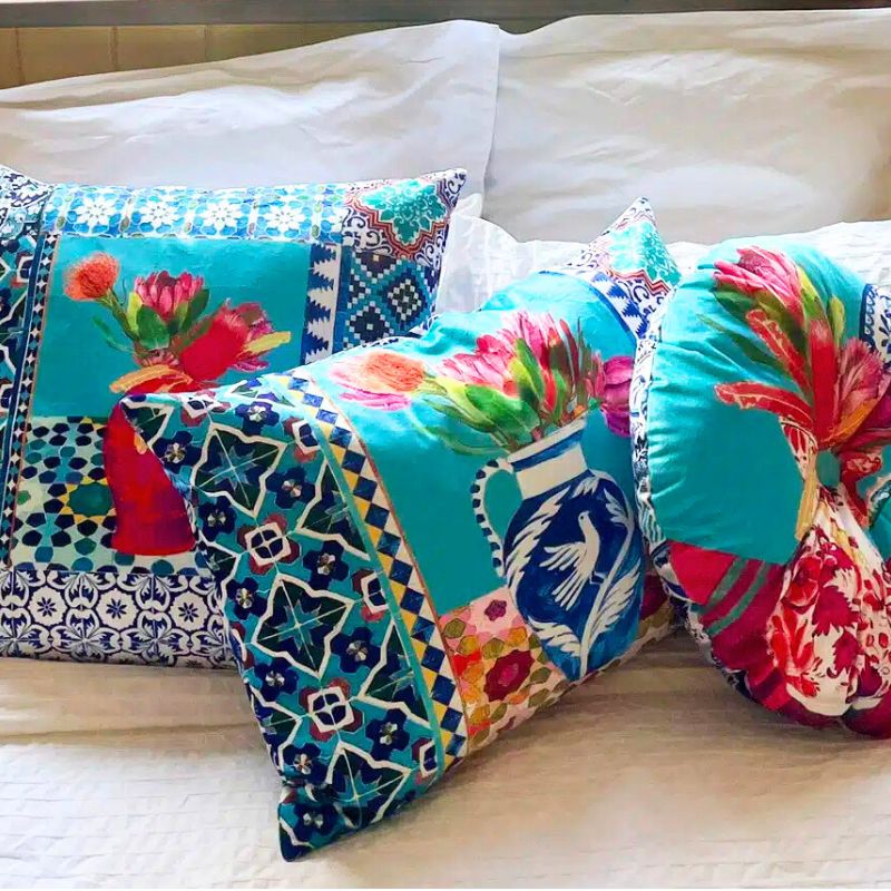 Anna Chandler Rectangle Velvet Cushion - Vases on Turquoise