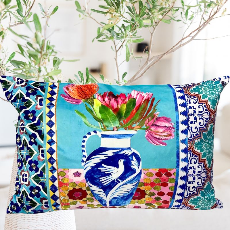 Anna Chandler Rectangle Velvet Cushion - Vases on Turquoise