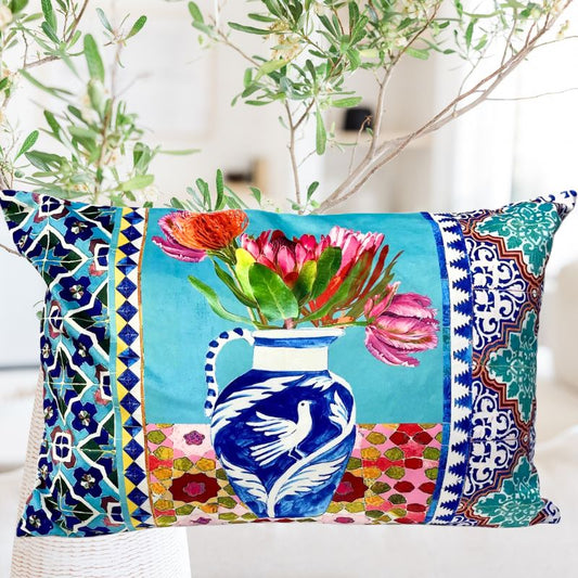 Anna Chandler Rectangle Velvet Cushion - Vases on Turquoise