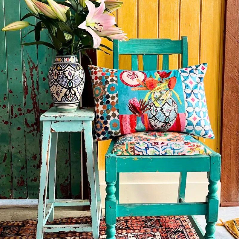 Anna Chandler Rectangle Velvet Cushion - Wildflower in Aqua tones