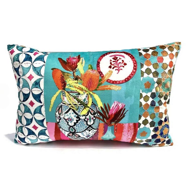 Anna Chandler Rectangle Velvet Cushion - Wildflower in Aqua tones