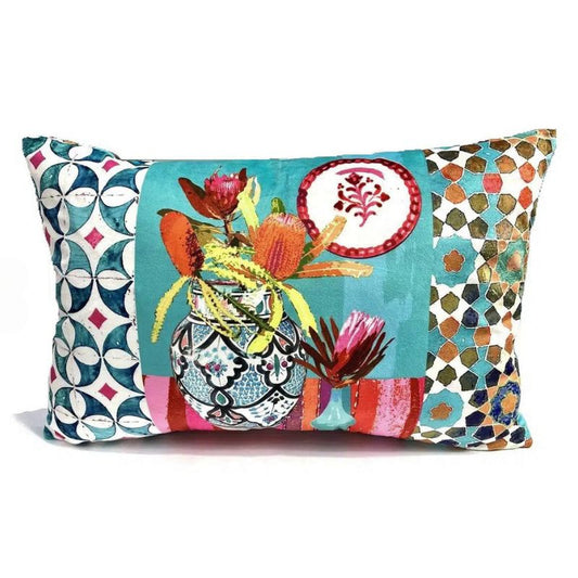 Anna Chandler Rectangle Velvet Cushion - Wildflower in Aqua tones